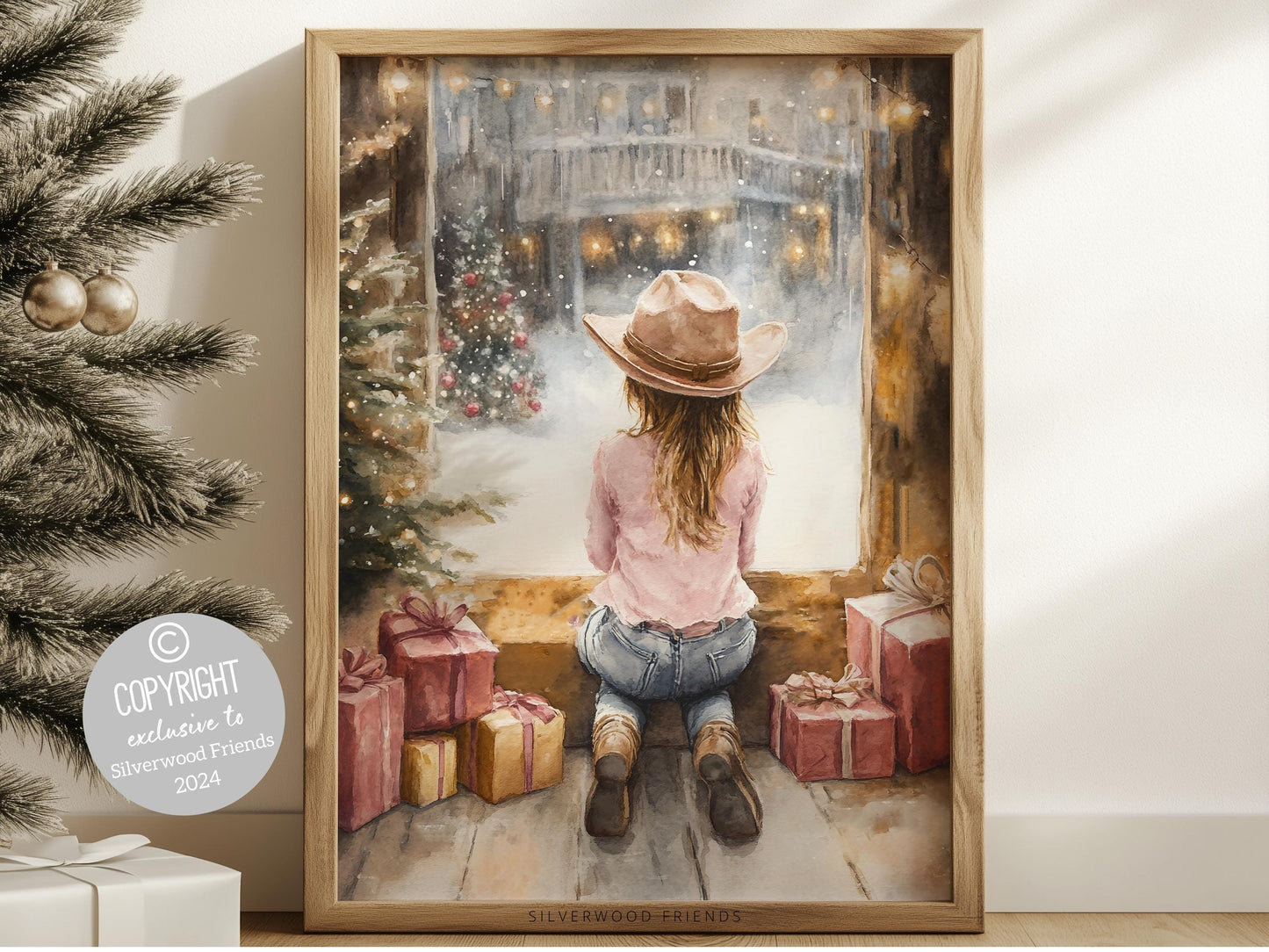 Bring timeless Western charm to your home with this cowgirl Christmas print, featuring a festive cowgirl, twinkling Christmas lights and gifts —perfect holiday decor for any room!