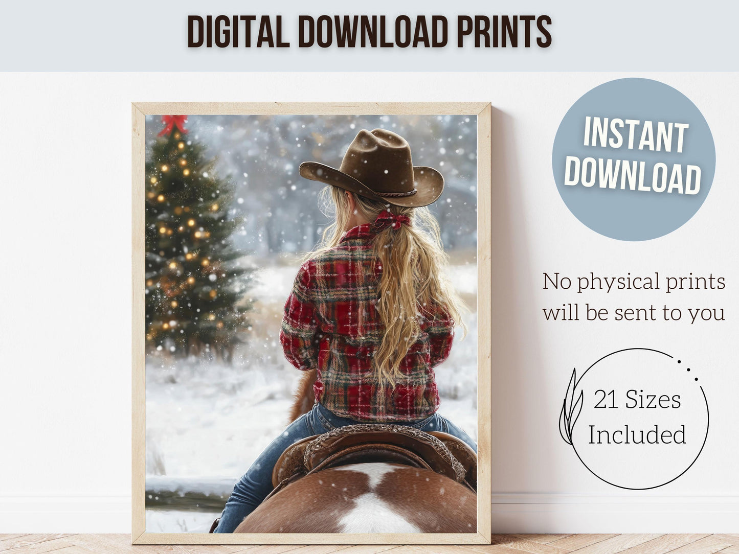 Cowgirl Horse Christmas Wall Art, Western Cowgirl Horse Nursery Wall Decor, Festive Holiday Decor Gift, Rustic Farmhouse Decor Digital Print