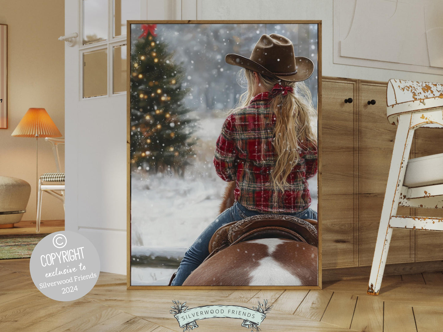 Cowgirl Horse Christmas Wall Art, Western Cowgirl Horse Nursery Wall Decor, Festive Holiday Decor Gift, Rustic Farmhouse Decor Digital Print