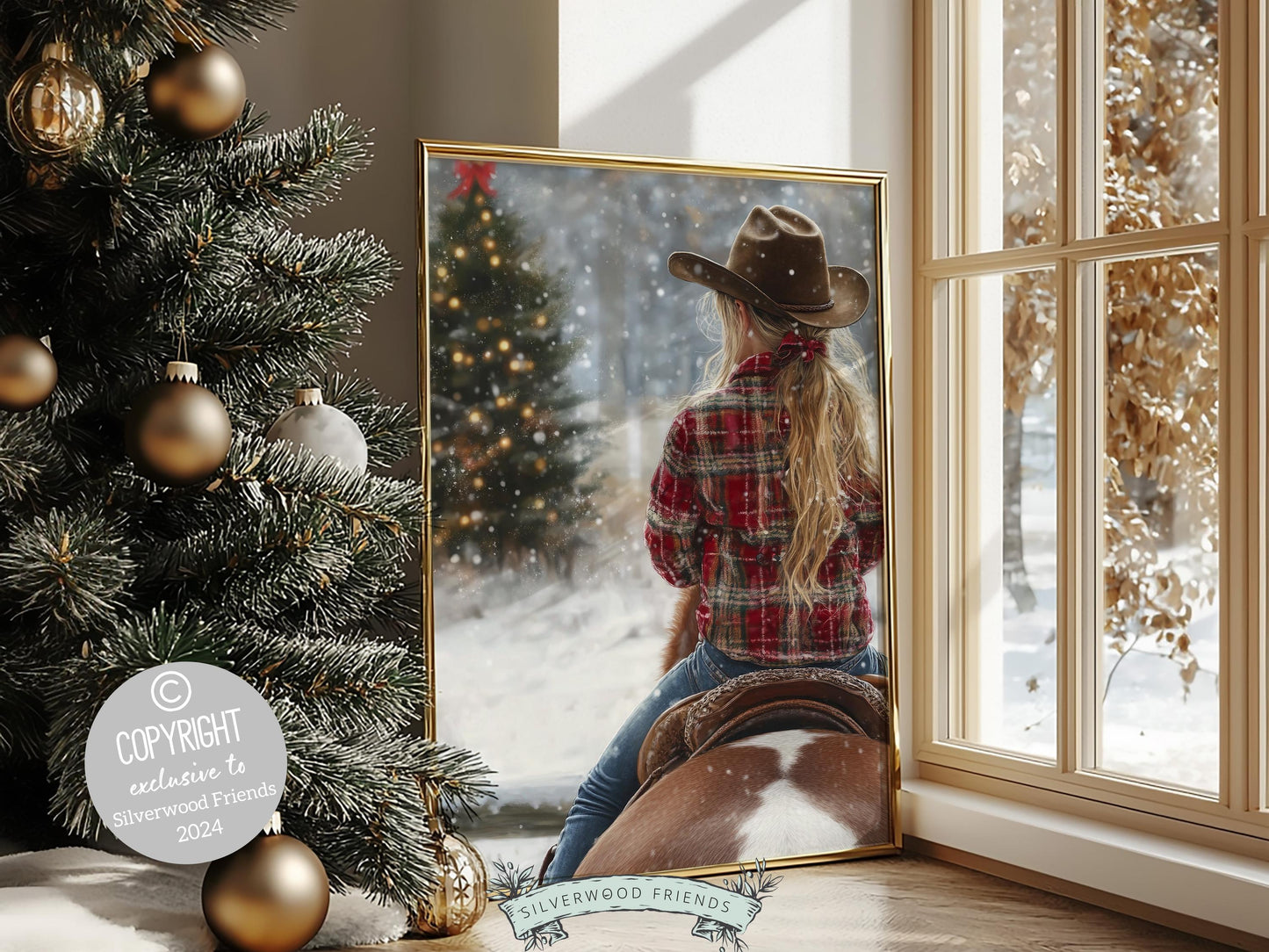 Cowgirl Horse Christmas Wall Art, Western Cowgirl Horse Nursery Wall Decor, Festive Holiday Decor Gift, Rustic Farmhouse Decor Digital Print