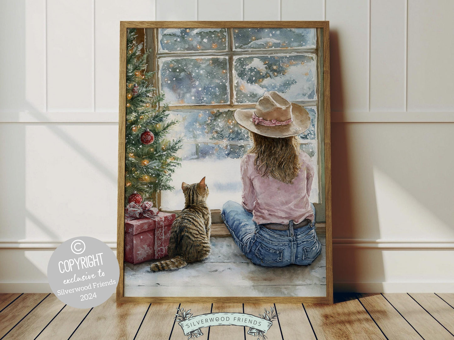 Christmas Cat Wall Art, Cowgirl Cat Print, Girl's Western Christmas Nursery Decor, Rustic Seasonal Home Decor Cat Lovers Gift Digital Print