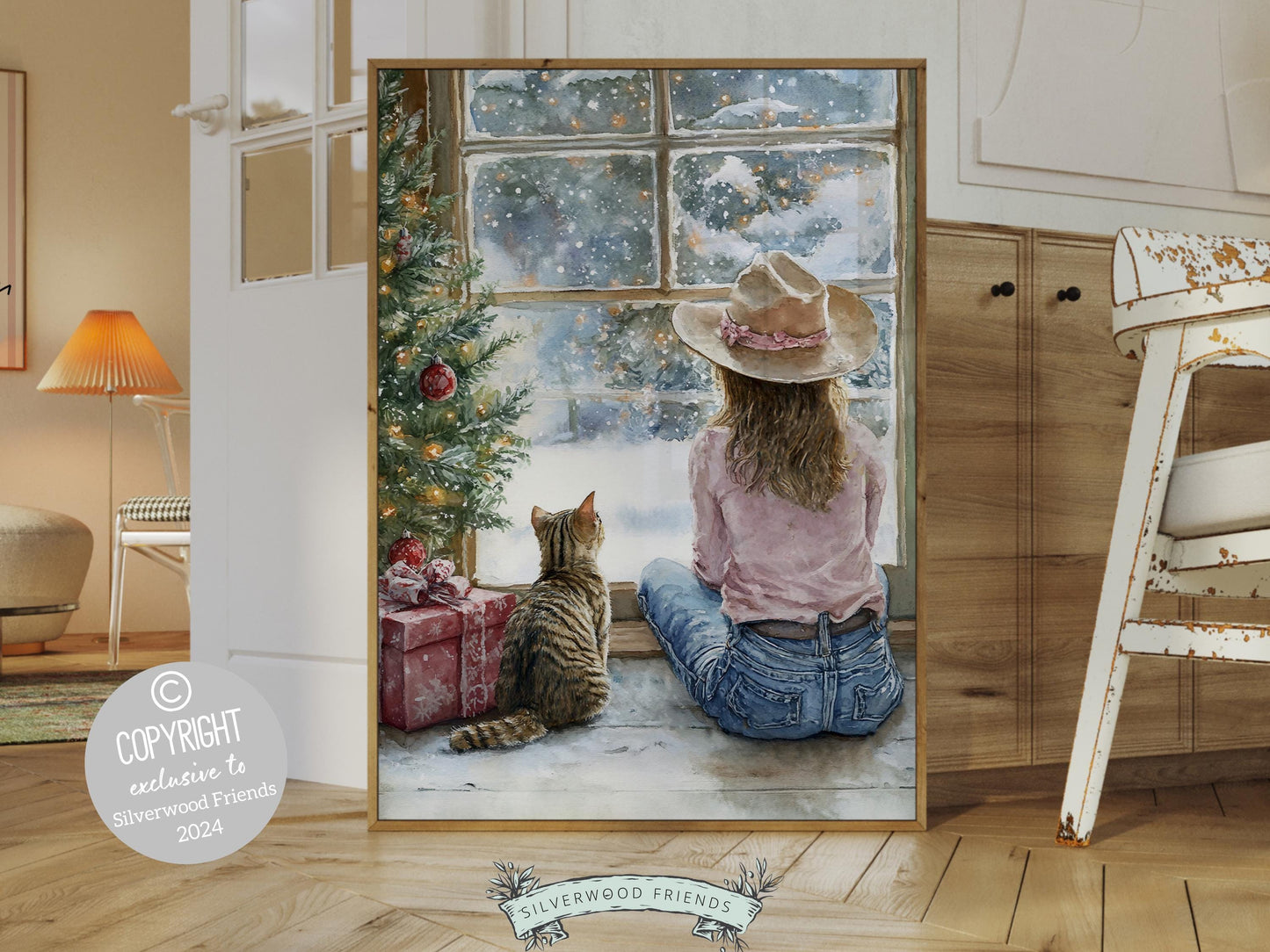 Christmas Cat Wall Art, Cowgirl Cat Print, Girl's Western Christmas Nursery Decor, Rustic Seasonal Home Decor Cat Lovers Gift Digital Print
