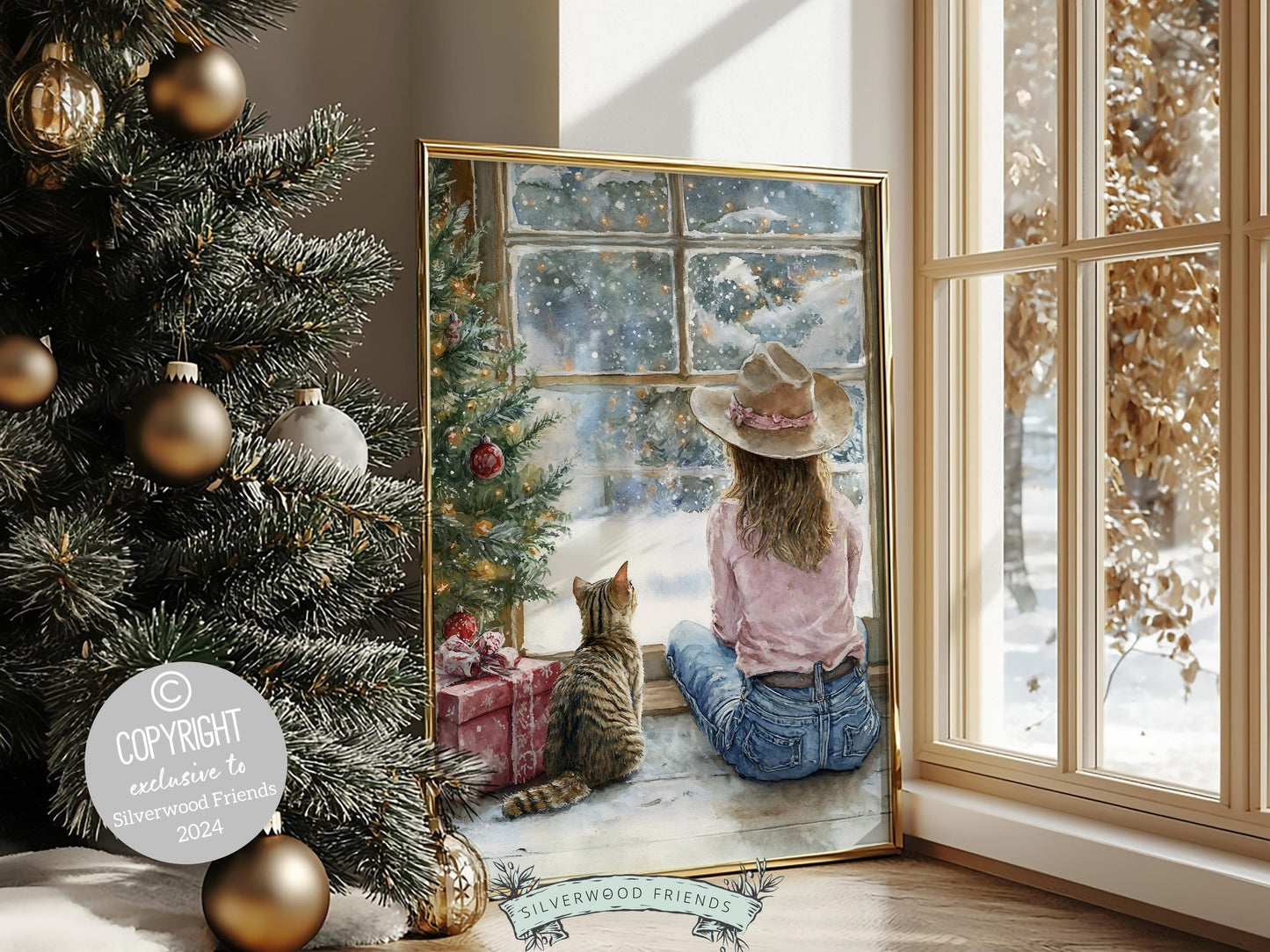 Christmas Cat Wall Art, Cowgirl Cat Print, Girl's Western Christmas Nursery Decor, Rustic Seasonal Home Decor Cat Lovers Gift Digital Print