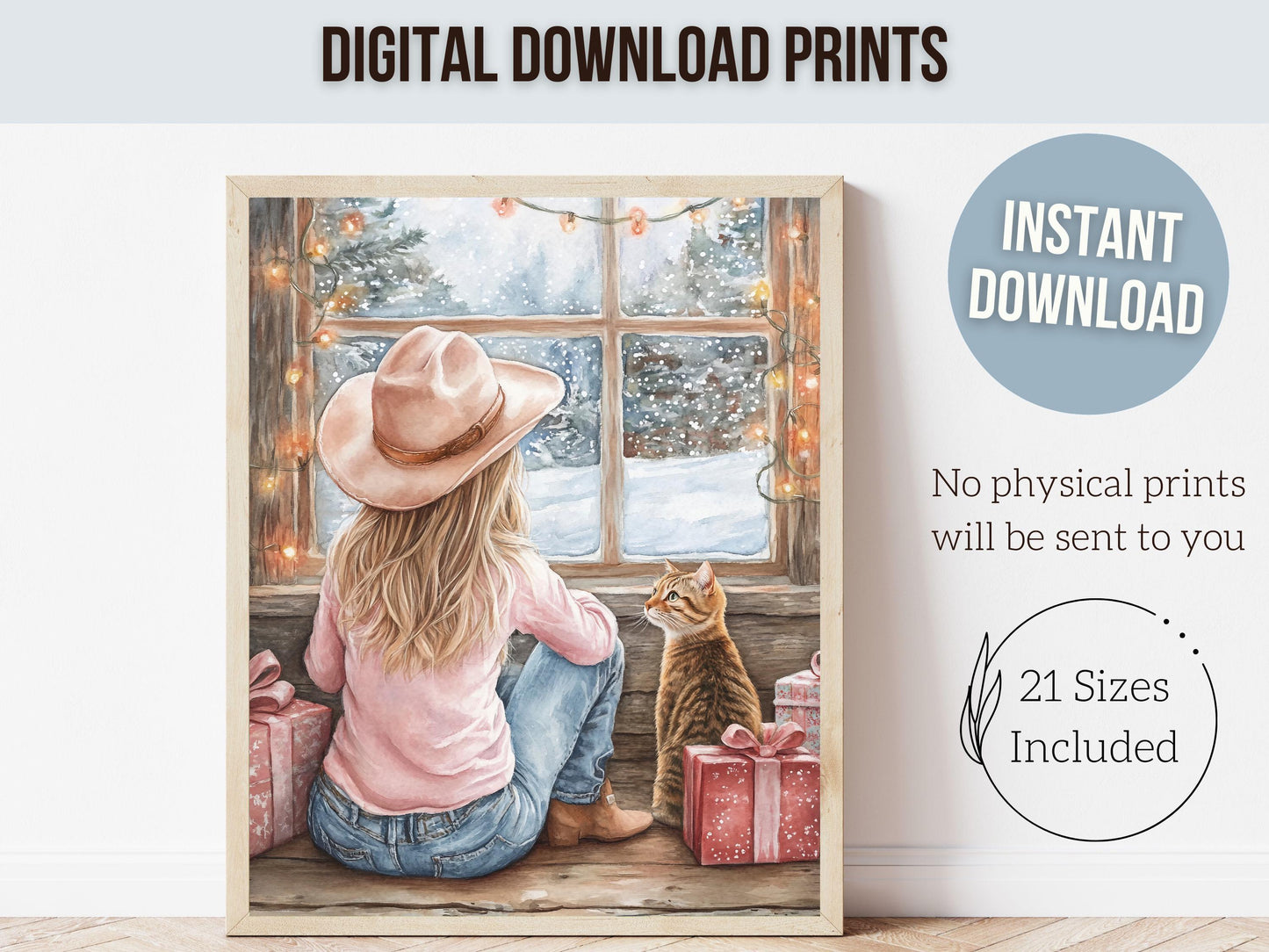 Cowgirl Country Christmas Cat Print, Cowgirl Nursery Decor, Baby Girl Western Christmas Nursery Decor,Christmas Cat Lover Gift Digital Print