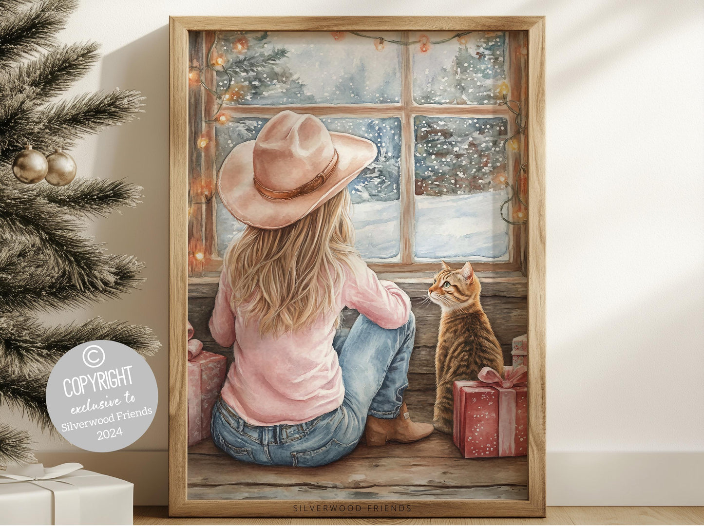 Cowgirl Country Christmas Cat Print, Cowgirl Nursery Decor, Baby Girl Western Christmas Nursery Decor,Christmas Cat Lover Gift Digital Print