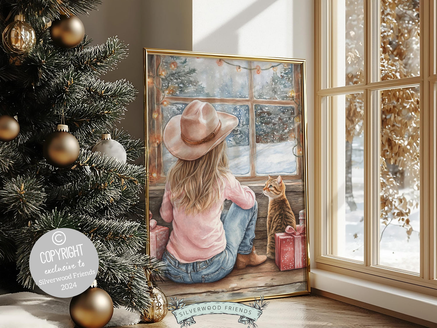 Cowgirl Country Christmas Cat Print, Cowgirl Nursery Decor, Baby Girl Western Christmas Nursery Decor,Christmas Cat Lover Gift Digital Print