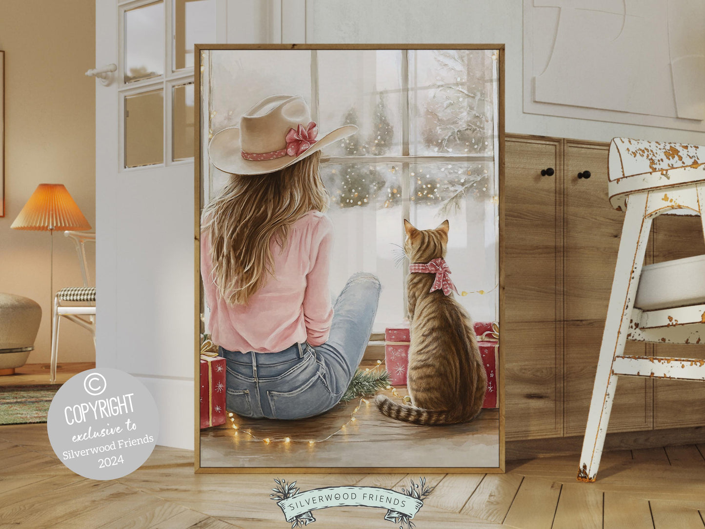 Cowgirl Country Christmas Cat Print, Cowgirl Nursery Decor, Baby Girl Western Christmas Nursery Decor, Christmas Printable Art Digital Print