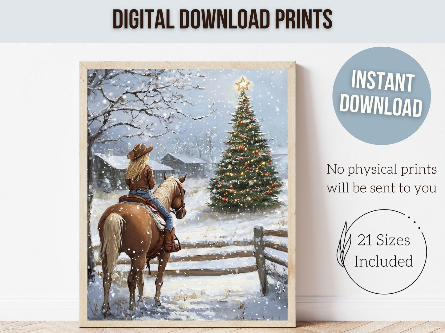 Cowgirl Horse Christmas Wall Art, Western Cowgirl Horse Nursery Decor, Rustic Farmhouse Wall Decor, Winter Forest Horse Riding Digital Print