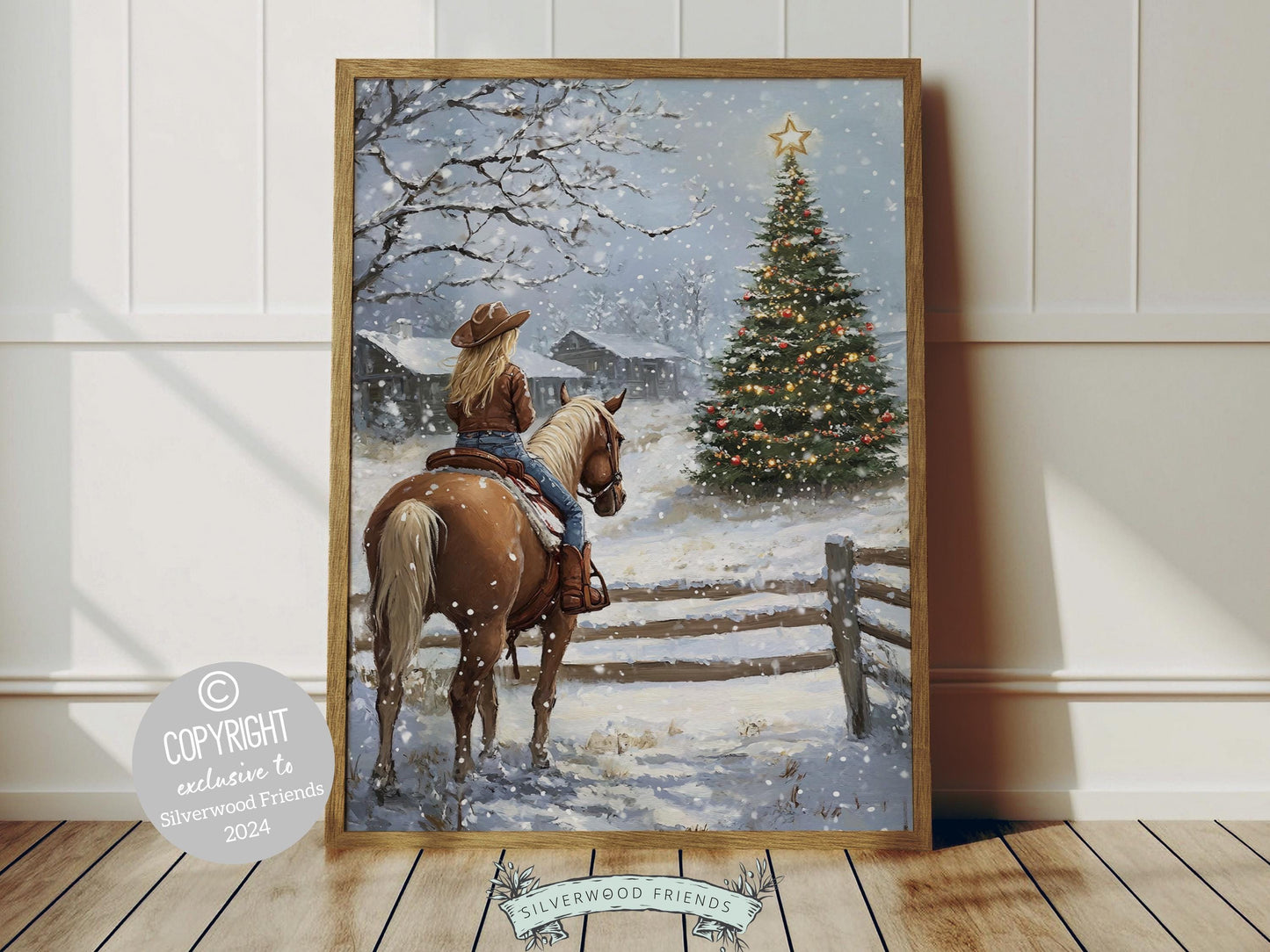 Cowgirl Horse Christmas Wall Art, Western Cowgirl Horse Nursery Decor, Rustic Farmhouse Wall Decor, Winter Forest Horse Riding Digital Print