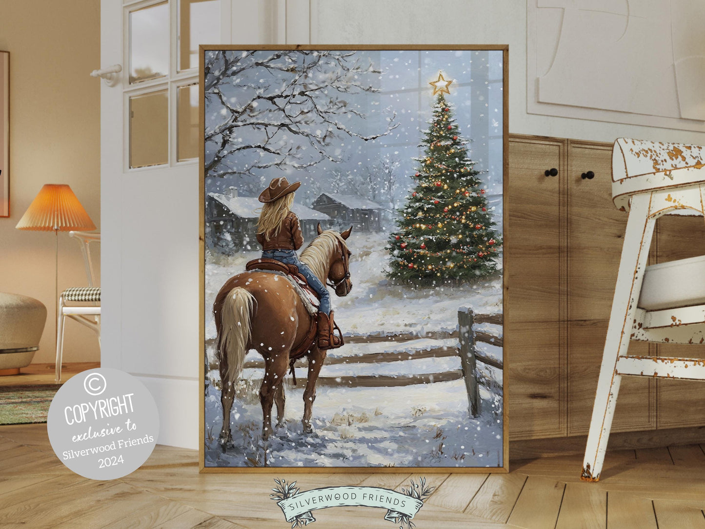 Cowgirl Horse Christmas Wall Art, Western Cowgirl Horse Nursery Decor, Rustic Farmhouse Wall Decor, Winter Forest Horse Riding Digital Print