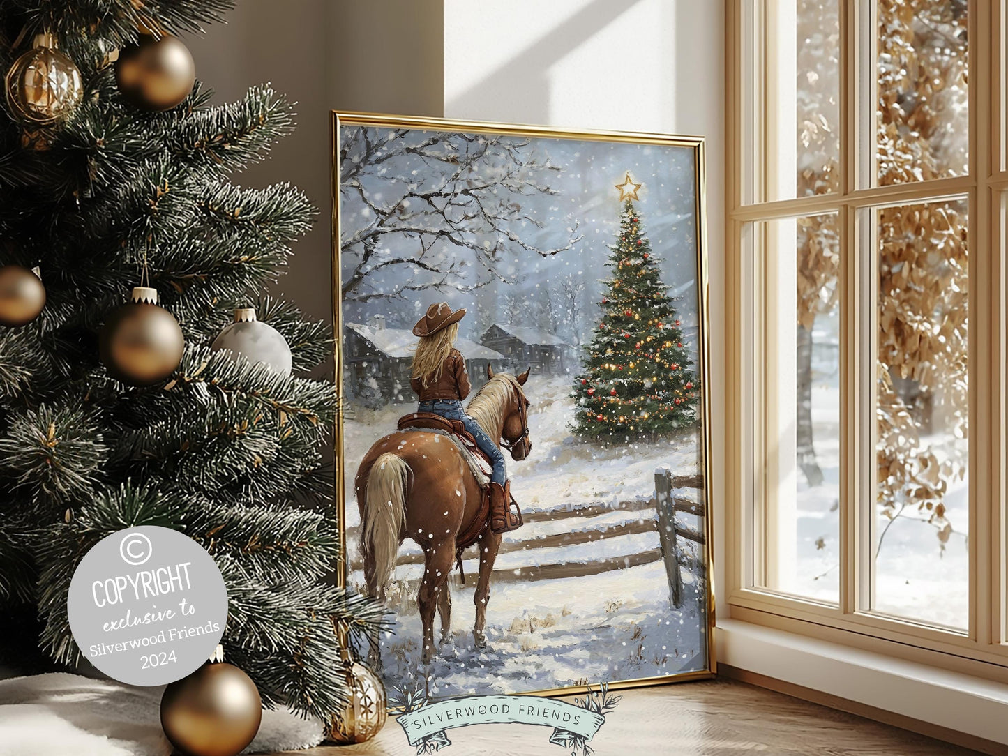 Cowgirl Horse Christmas Wall Art, Western Cowgirl Horse Nursery Decor, Rustic Farmhouse Wall Decor, Winter Forest Horse Riding Digital Print