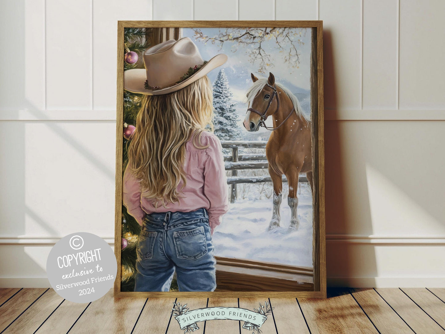 Bring timeless Western charm to your home with this cowgirl Christmas print, featuring a cowgirl gazing out at her horse in the winter snow — perfect holiday decor for any room!