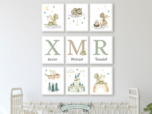 Our gorgeous Custom Baby Dragon Nursery Name Prints Set of 9 with watercolor dragons, clouds, and woodland forest, is perfect for your dragon nursery decor or fantasy theme nursery and also makes a unique gender neutral baby shower gift.