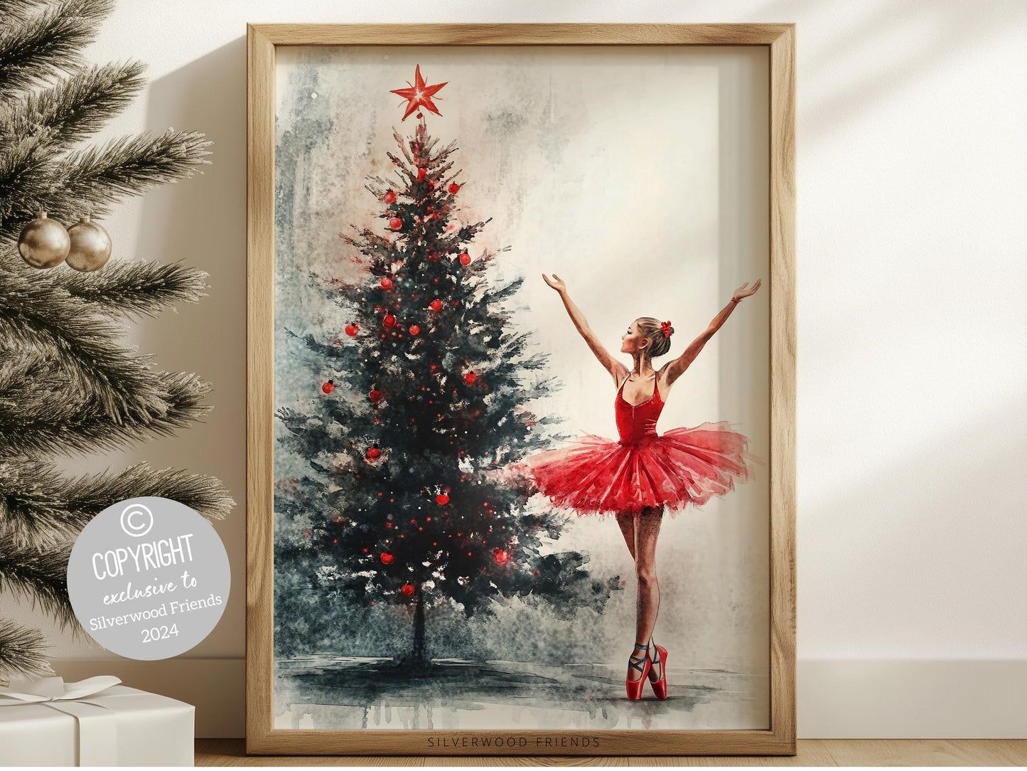 Christmas Tree Ballerina Print, Red Ballerina Christmas Printable Wall Art, Festive Christmas Decor, Girls Ballet Dancing Gift Digital Print