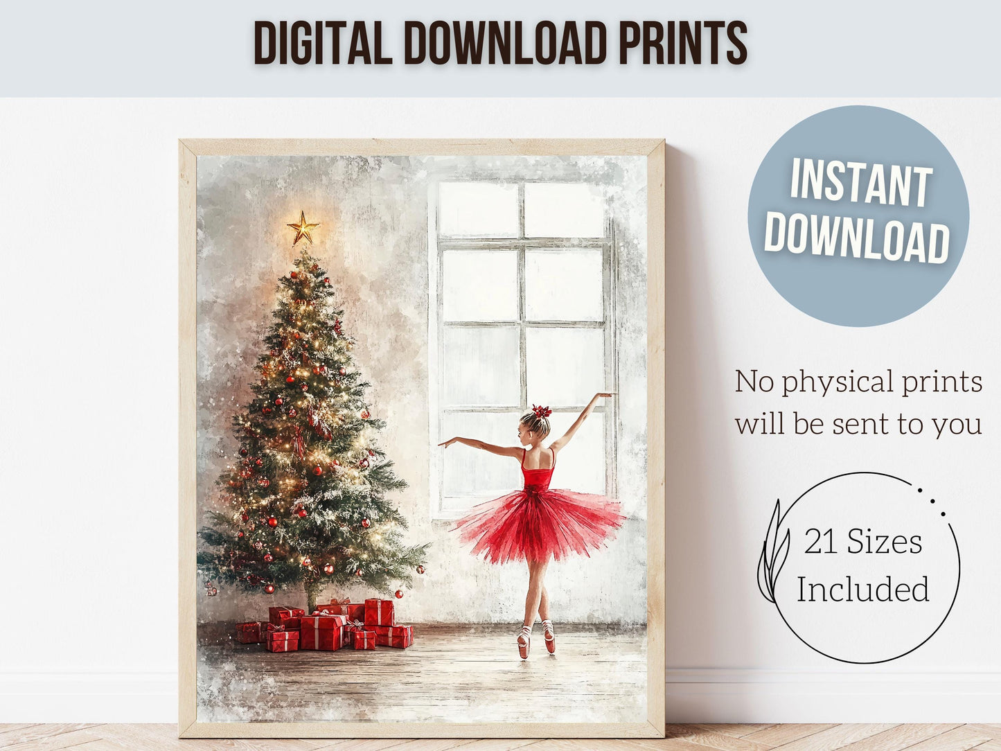 Christmas Tree Ballerina Print, Red Ballerina Christmas Printable Wall Art, Festive Christmas Decor, Girls Ballet Dancing Gift Digital Print