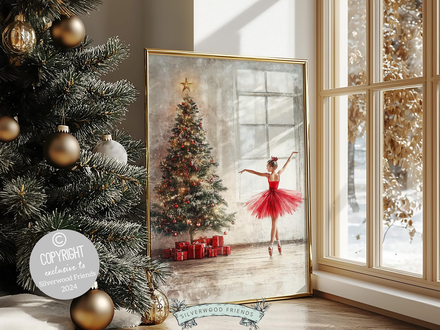 Christmas Tree Ballerina Print, Red Ballerina Christmas Printable Wall Art, Festive Christmas Decor, Girls Ballet Dancing Gift Digital Print