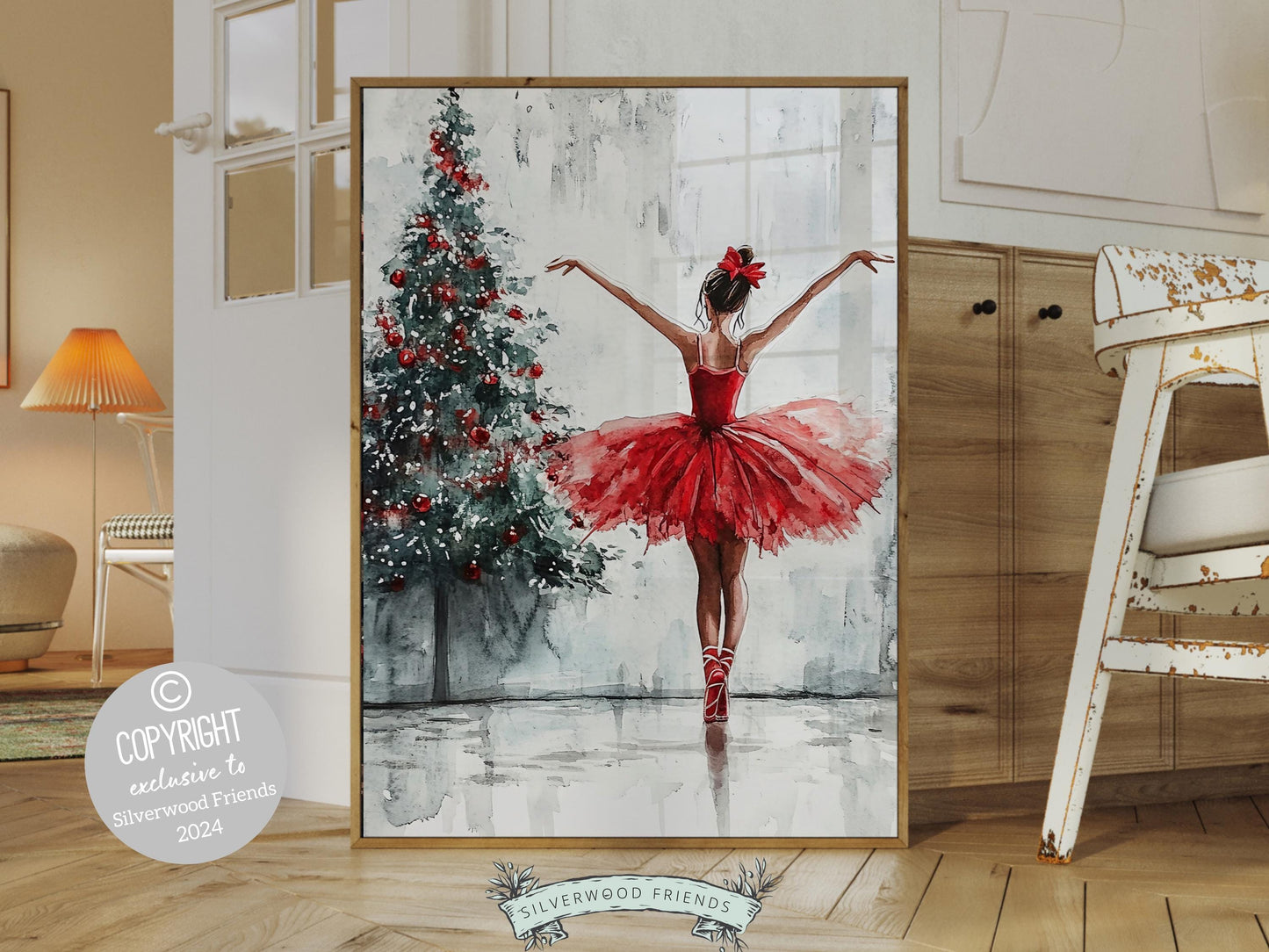 Our enchanting Christmas ballet print captures a magical moment as a graceful ballerina dances joyfully in front of a beautiful Christmas tree. The perfect gift for ballet lovers this print brings whimsical romance and festive charm to any space.