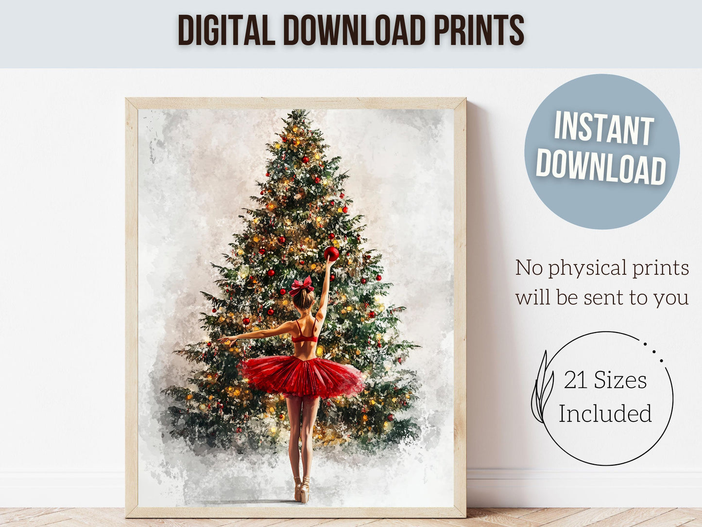 Christmas Tree Ballerina Print, Red Ballerina Christmas Printable Wall Art, Festive Christmas Decor, Girls Ballet Dancing Gift Digital Print