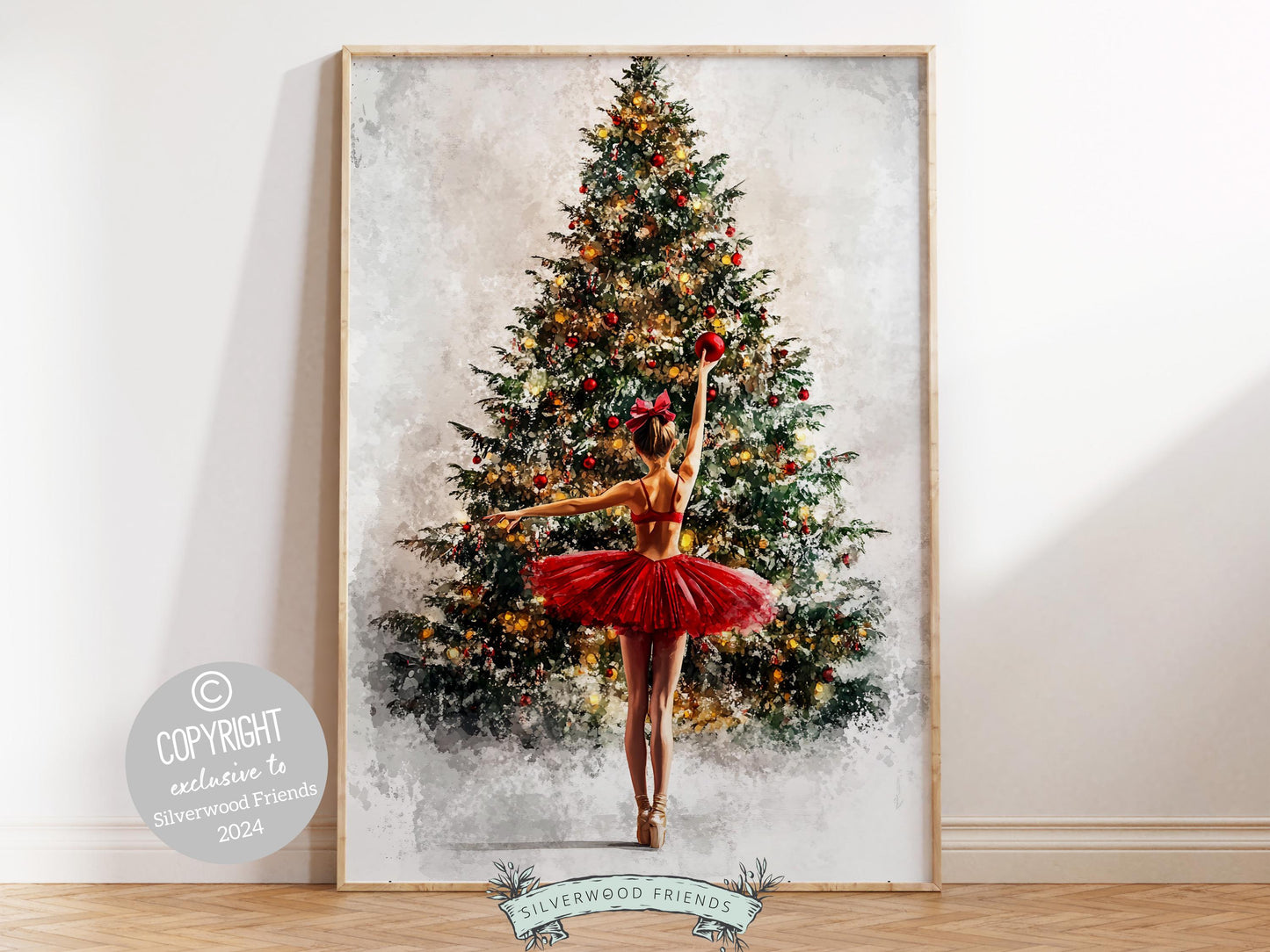 Celebrate the magic of the season with our enchanting Christmas ballet print! Featuring a graceful ballerina in a vibrant red tutu, delicately placing a bauble on a sparkling Christmas tree, this whimsical design is the perfect gift for ballet lovers