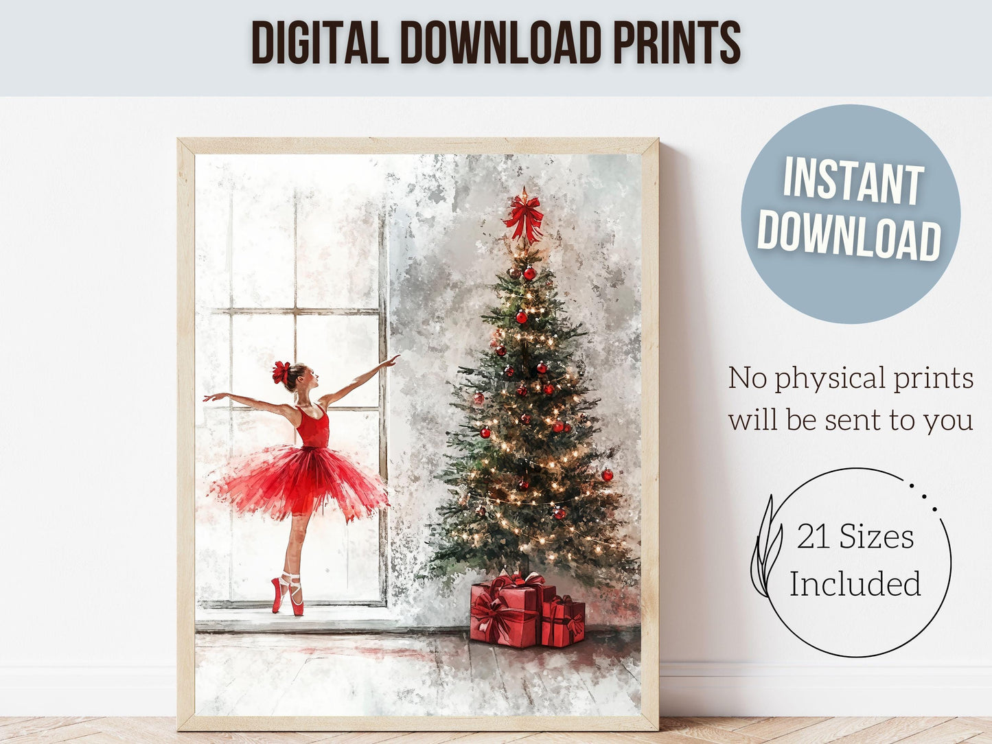 Ballerina Christmas Tree Print, Red Ballerina Christmas Printable Wall Art, Girls Ballet Dancing Gift, Festive Christmas Decor Digital Print