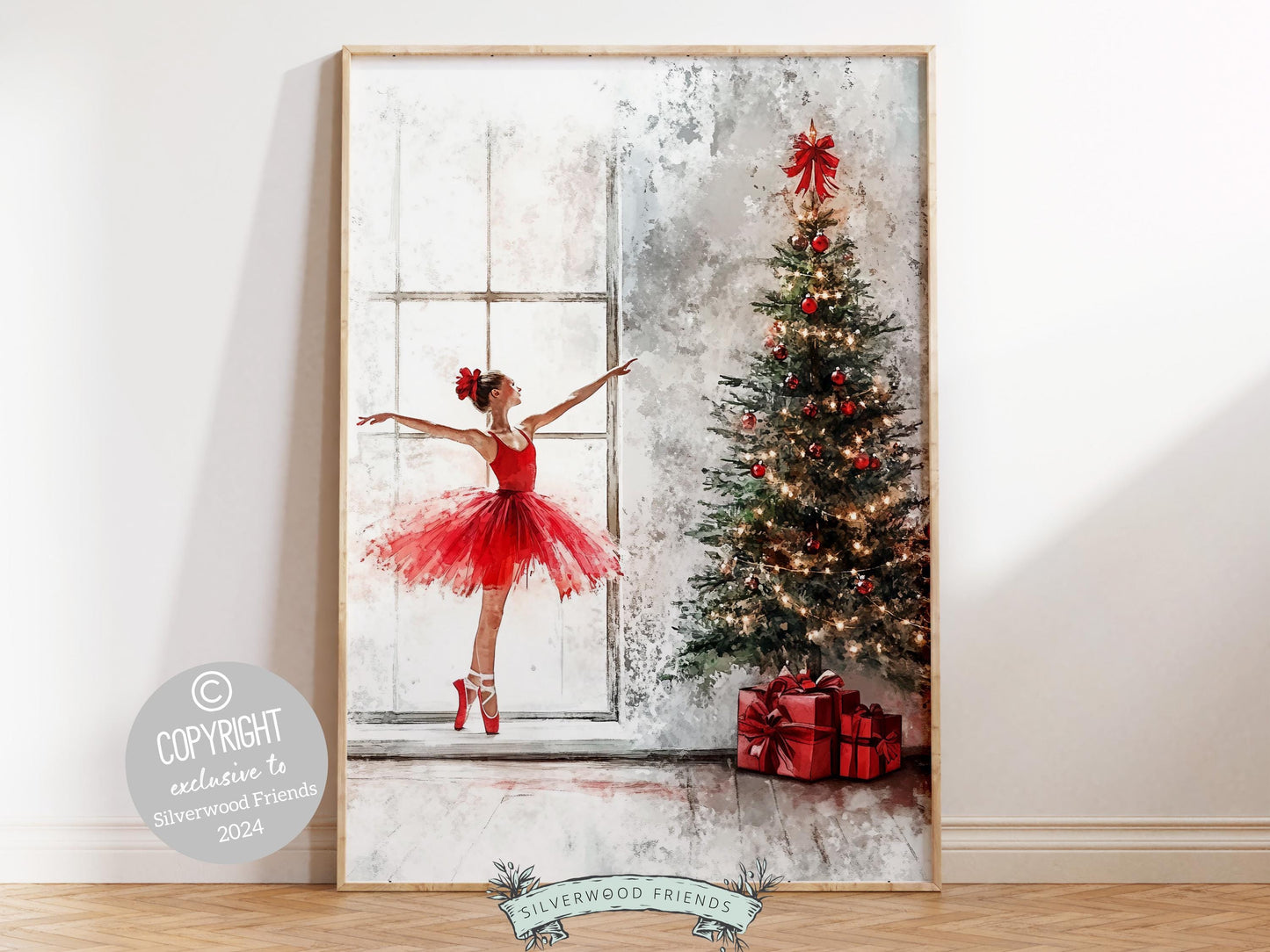 Our enchanting Christmas ballet print captures a magical moment as a graceful ballerina in a red tutu dances joyfully next to a beautiful Christmas tree. The perfect gift for ballet lovers