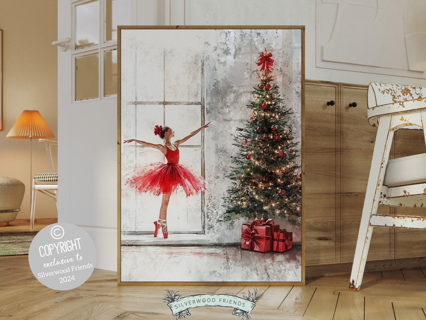 Ballerina Christmas Tree Print, Red Ballerina Christmas Printable Wall Art, Girls Ballet Dancing Gift, Festive Christmas Decor Digital Print
