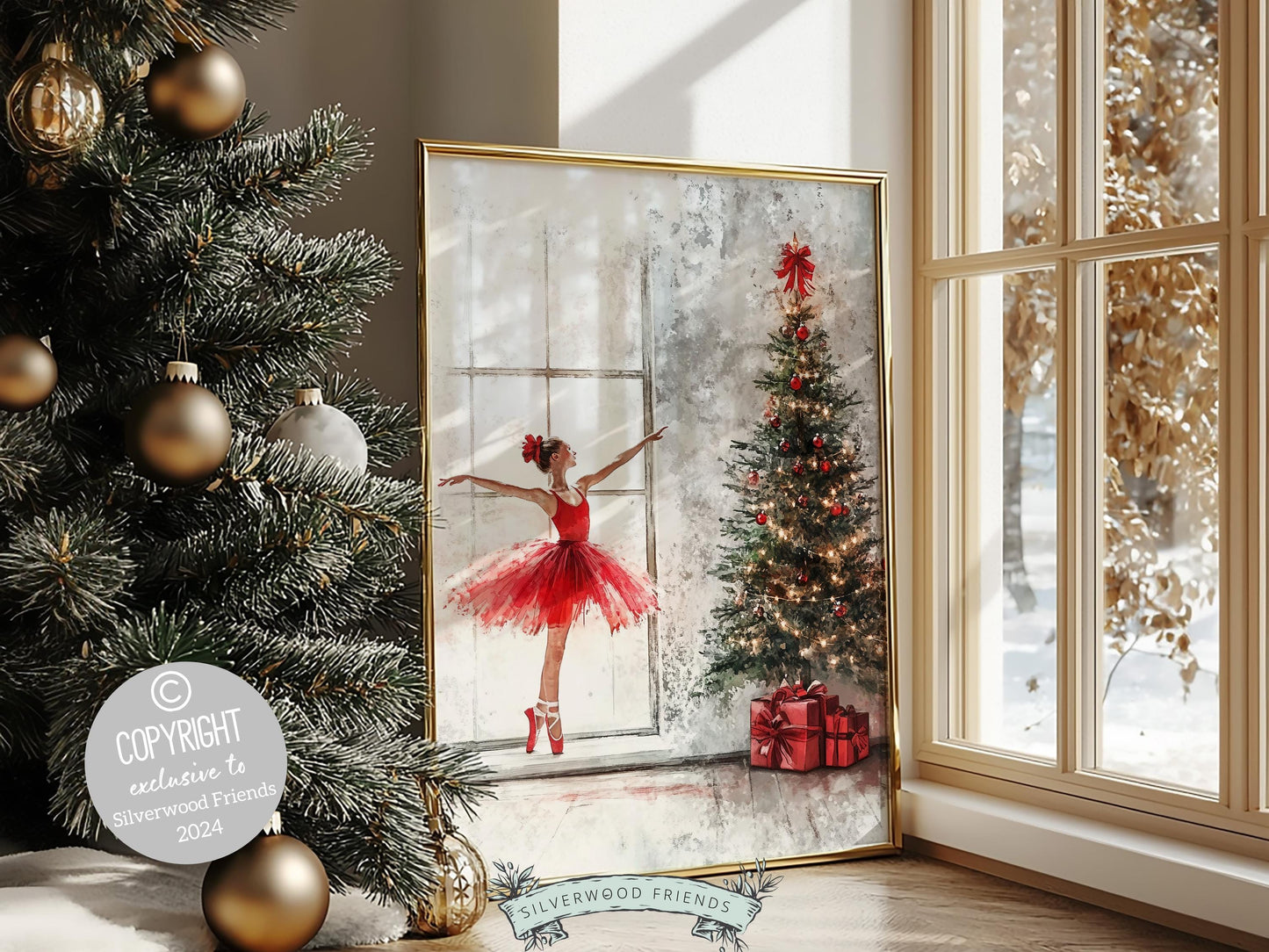 Ballerina Christmas Tree Print, Red Ballerina Christmas Printable Wall Art, Girls Ballet Dancing Gift, Festive Christmas Decor Digital Print