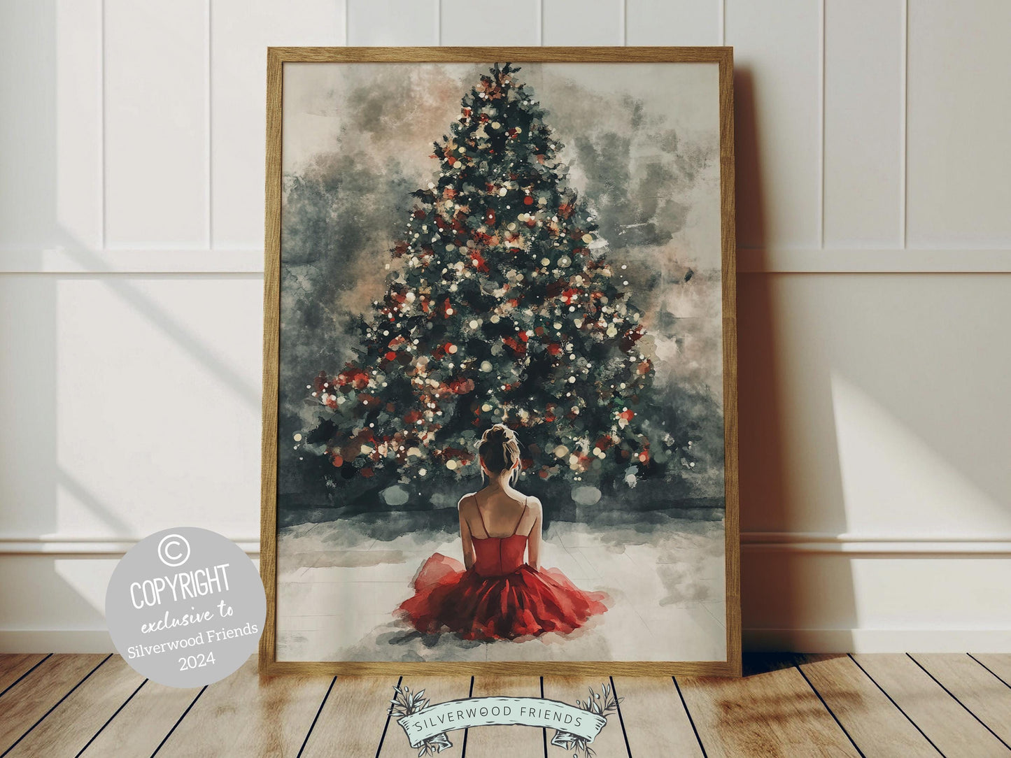 This Christmas ballet print truely is so beautiful and captures the magical moment as a graceful ballerina in a red tutu sits in front of a Christmas tree. The perfect gift for ballet lovers this print brings whimsical romance and festive charm