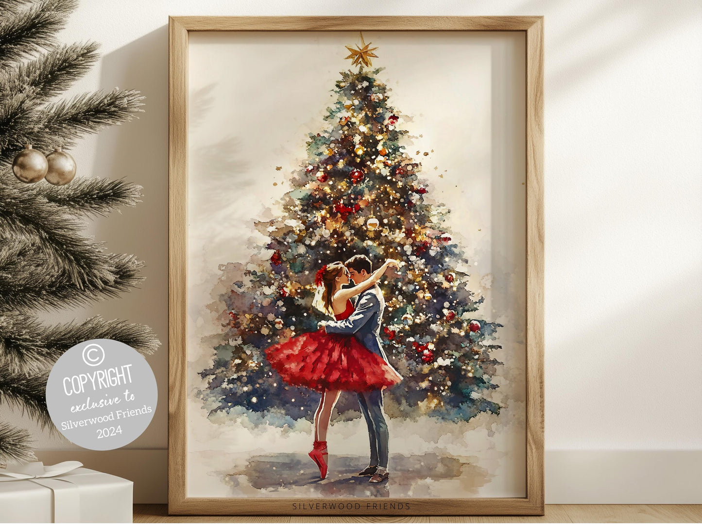 This enchanting Christmas ballet print captures a magical moment as a graceful ballerina dances with her love in front of a beautiful Christmas tree. The perfect gift for ballet lovers this print brings whimsical romance and festive charm
