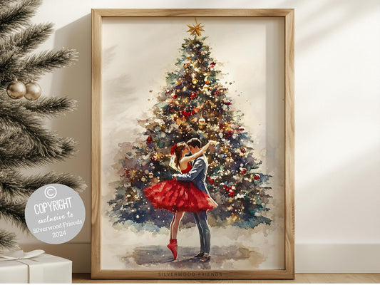This enchanting Christmas ballet print captures a magical moment as a graceful ballerina dances with her love in front of a beautiful Christmas tree. The perfect gift for ballet lovers this print brings whimsical romance and festive charm
