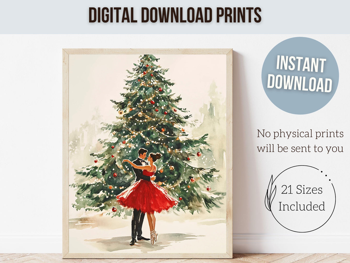 Romantic Ballet Christmas Print, Ballerina Christmas Printable Wall Art, Girlfriend Xmas Gift, Festive Christmas Holiday Decor Digital Print