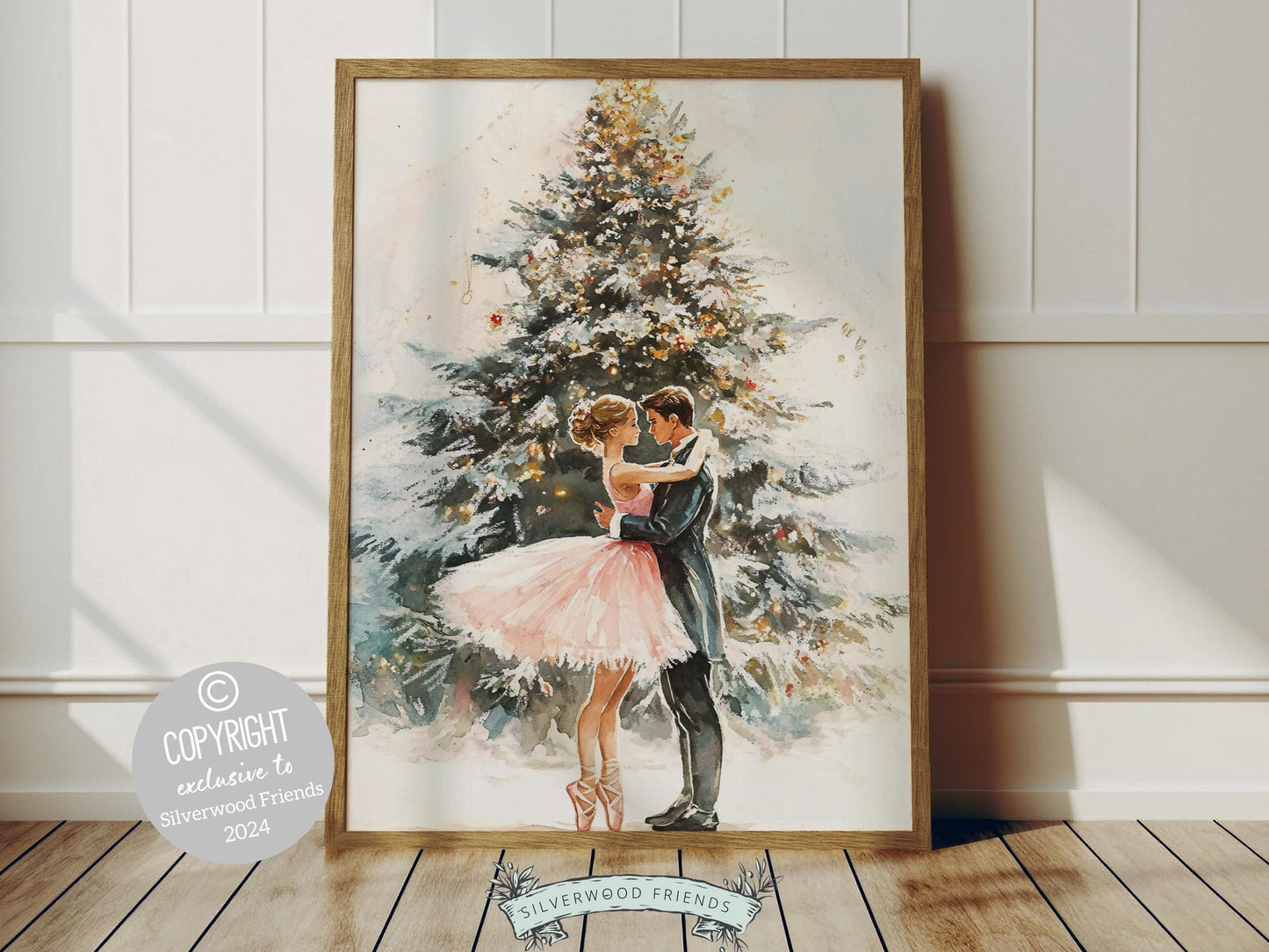 This enchanting Christmas ballet print captures a magical moment as a graceful ballerina dances with her love in front of a beautiful Christmas tree. The perfect gift for ballet lovers this print brings whimsical romance and festive charm
