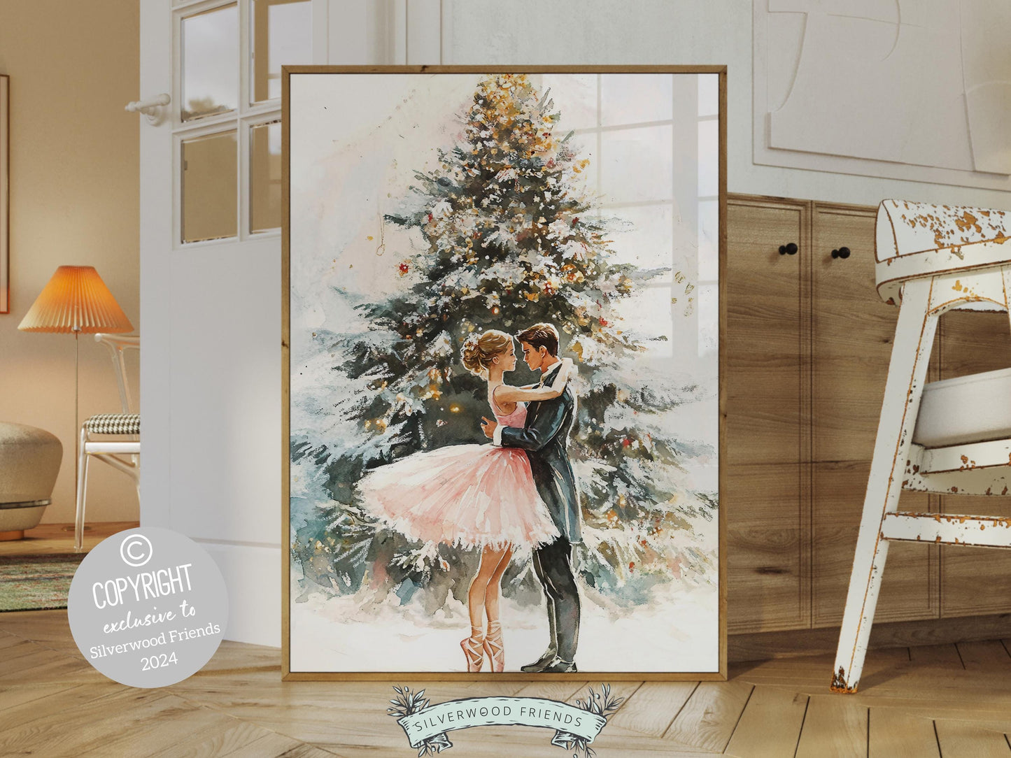 Pink Ballet Christmas Print, Ballerina Christmas Printable Wall Art, Festive Christmas Holiday Decor, Pink Gold Christmas Tree Digital Print