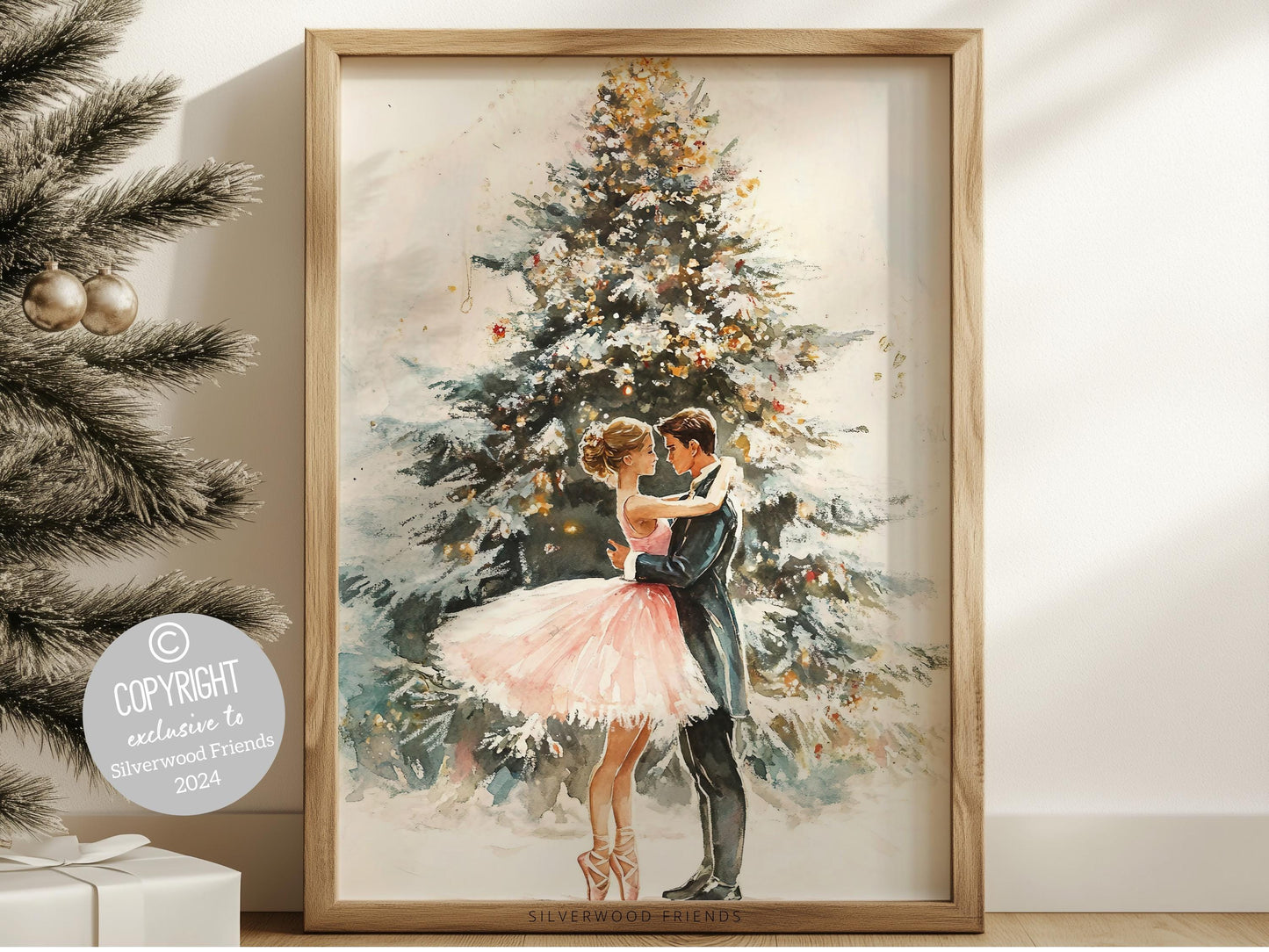 Pink Ballet Christmas Print, Ballerina Christmas Printable Wall Art, Festive Christmas Holiday Decor, Pink Gold Christmas Tree Digital Print
