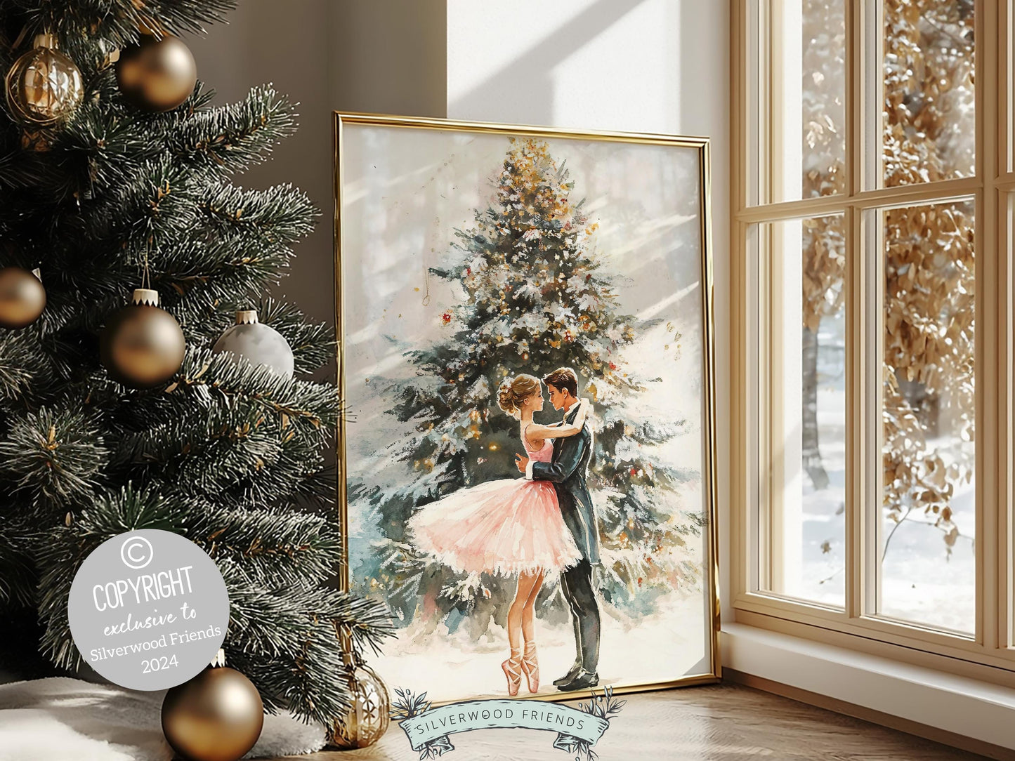 Pink Ballet Christmas Print, Ballerina Christmas Printable Wall Art, Festive Christmas Holiday Decor, Pink Gold Christmas Tree Digital Print