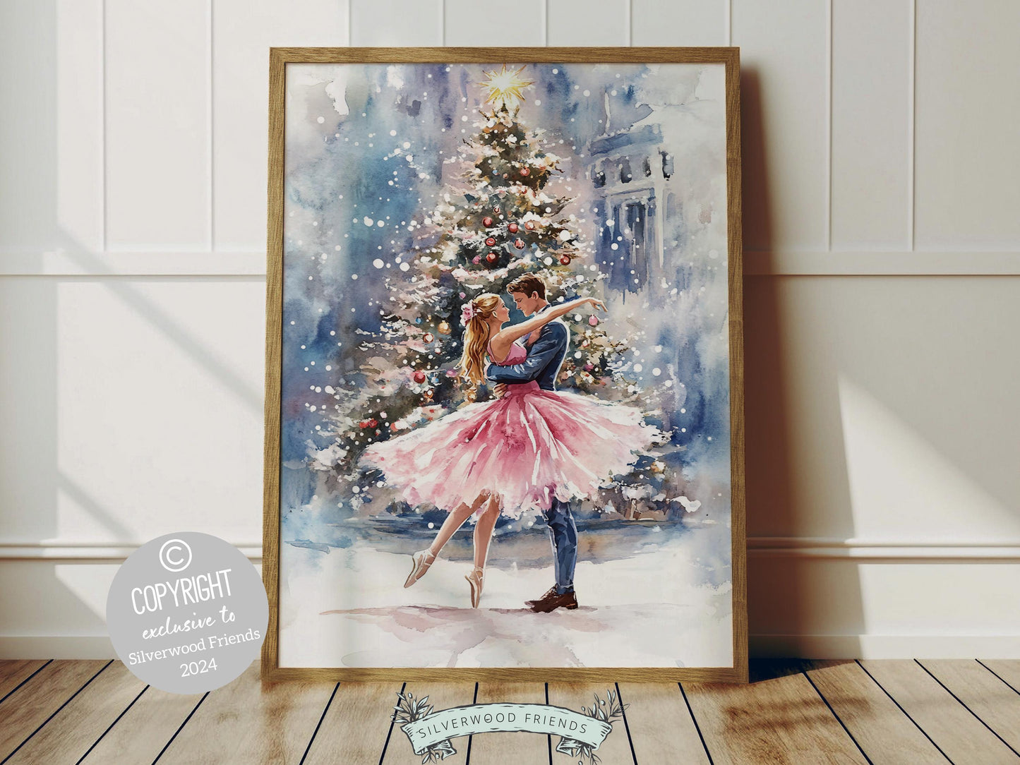 This enchanting Christmas ballet print captures a magical moment as a graceful ballerina dances with her love in front of a beautiful Christmas tree. The perfect gift for ballet lovers this print brings whimsical romance and festive charm