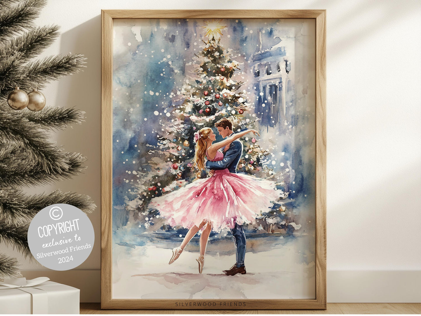 Pink Ballet Christmas Print, Ballerina Christmas Printable Wall Art, Festive Christmas Holiday Decor, Couples Christmas Tree Digital Print