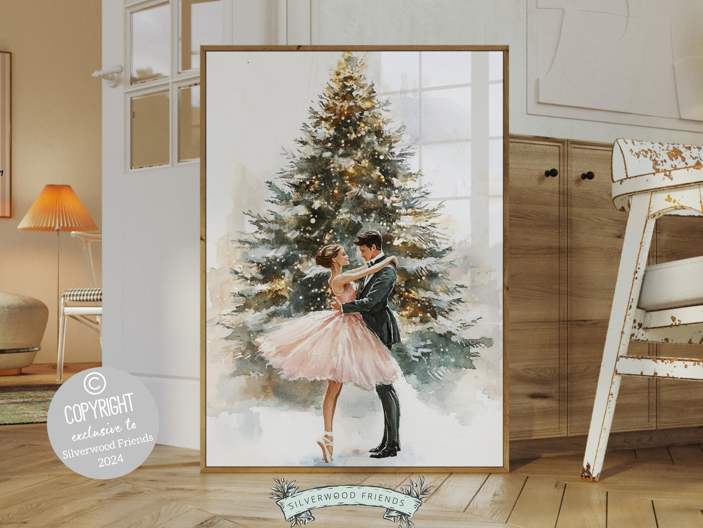 Pink Ballet Christmas Print, Ballerina Christmas Printable Wall Art, Festive Christmas Holiday Decor, Pink Gold Christmas Tree Digital Print