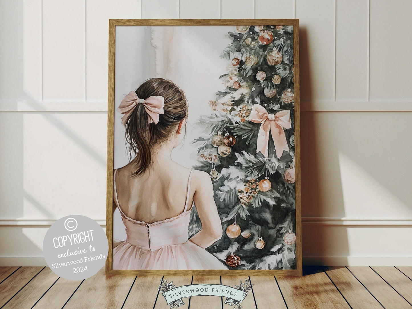 Turn your baby girl's nursery into a realm of Christmas enchantment with our captivating Ballet Christmas Print, featuring a little ballerina in front of a Christmas tree.