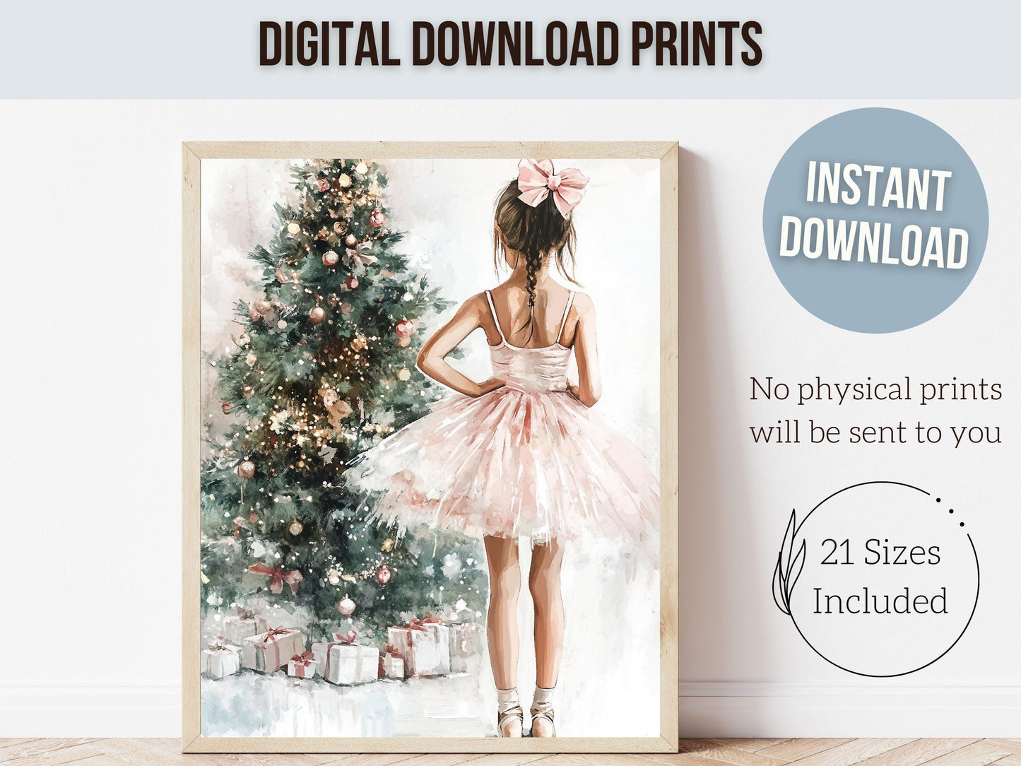 Ballerina Christmas Print, Baby Girl Ballet Nursery Decor Prints, Festive Christmas Printable Wall Art, Seasonal Holiday Decor Digital Print