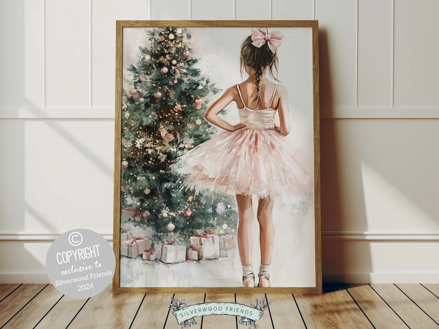 Our ballerina Christmas print showcases a sweet little ballerina in a pale pink tutu, standing in front of a Christmas tree. The perfect gift for a young ballet lover or a baby’s first Christmas.