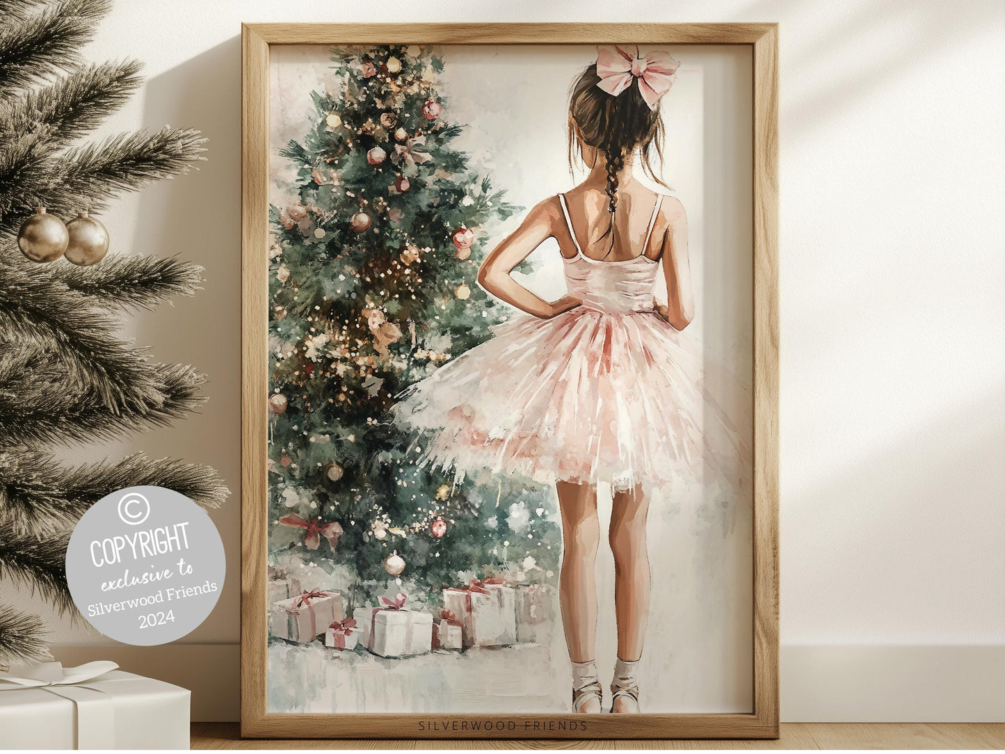 Ballerina Christmas Print, Baby Girl Ballet Nursery Decor Prints, Festive Christmas Printable Wall Art, Seasonal Holiday Decor Digital Print