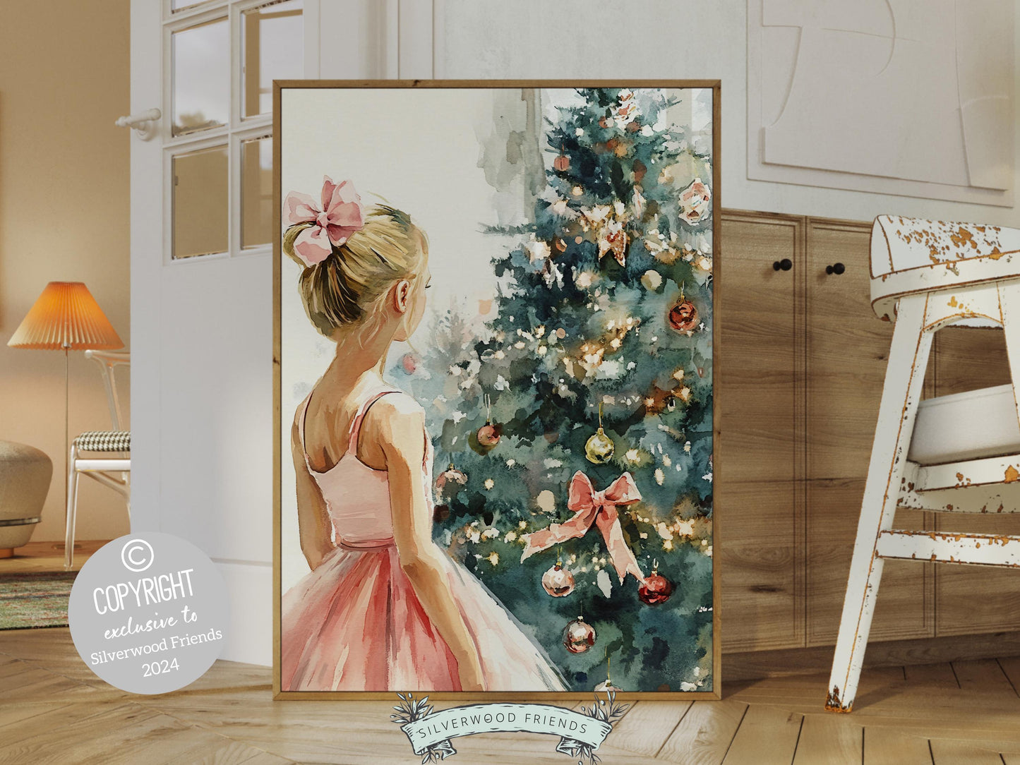 Baby Girls Ballet Nursery Print, Ballerina Nursery Decor, Kids Christmas Printable Wall Art, Festive Holiday Ballet Wall Decor Digital Print