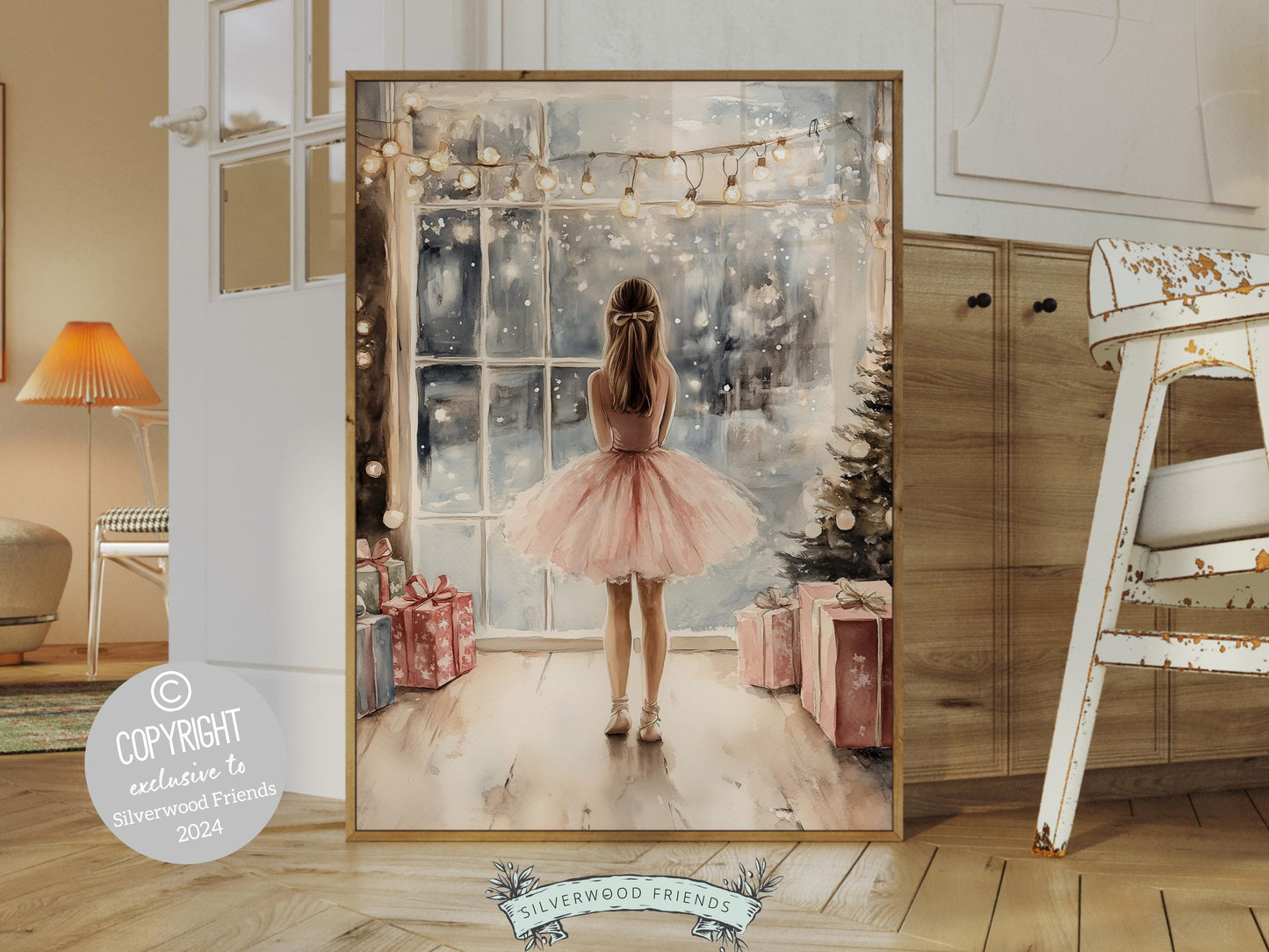 Ballerina Christmas Print, Baby Girl Ballet Nursery Decor Prints, Festive Christmas Printable Wall Art, Seasonal Holiday Decor Digital Print