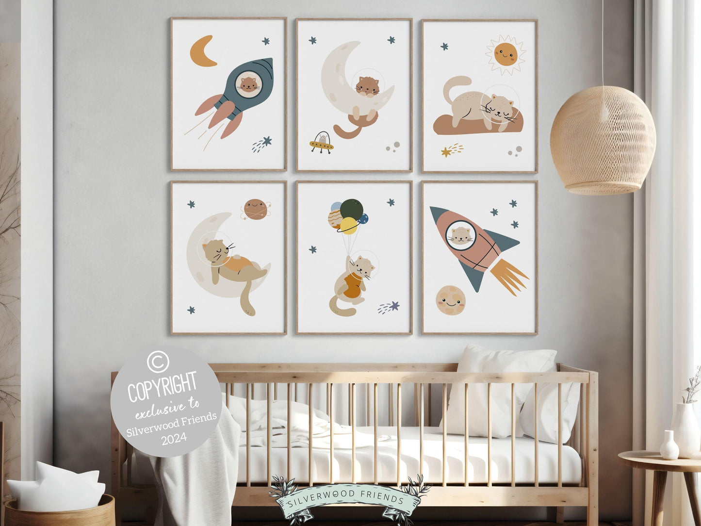 Transform your babys nursery decor into a realm of cosmic wonder with our enchanting Set of 6 Space Nursery Prints featuring cat astronauts, moon, planets, stars, and spaceships.