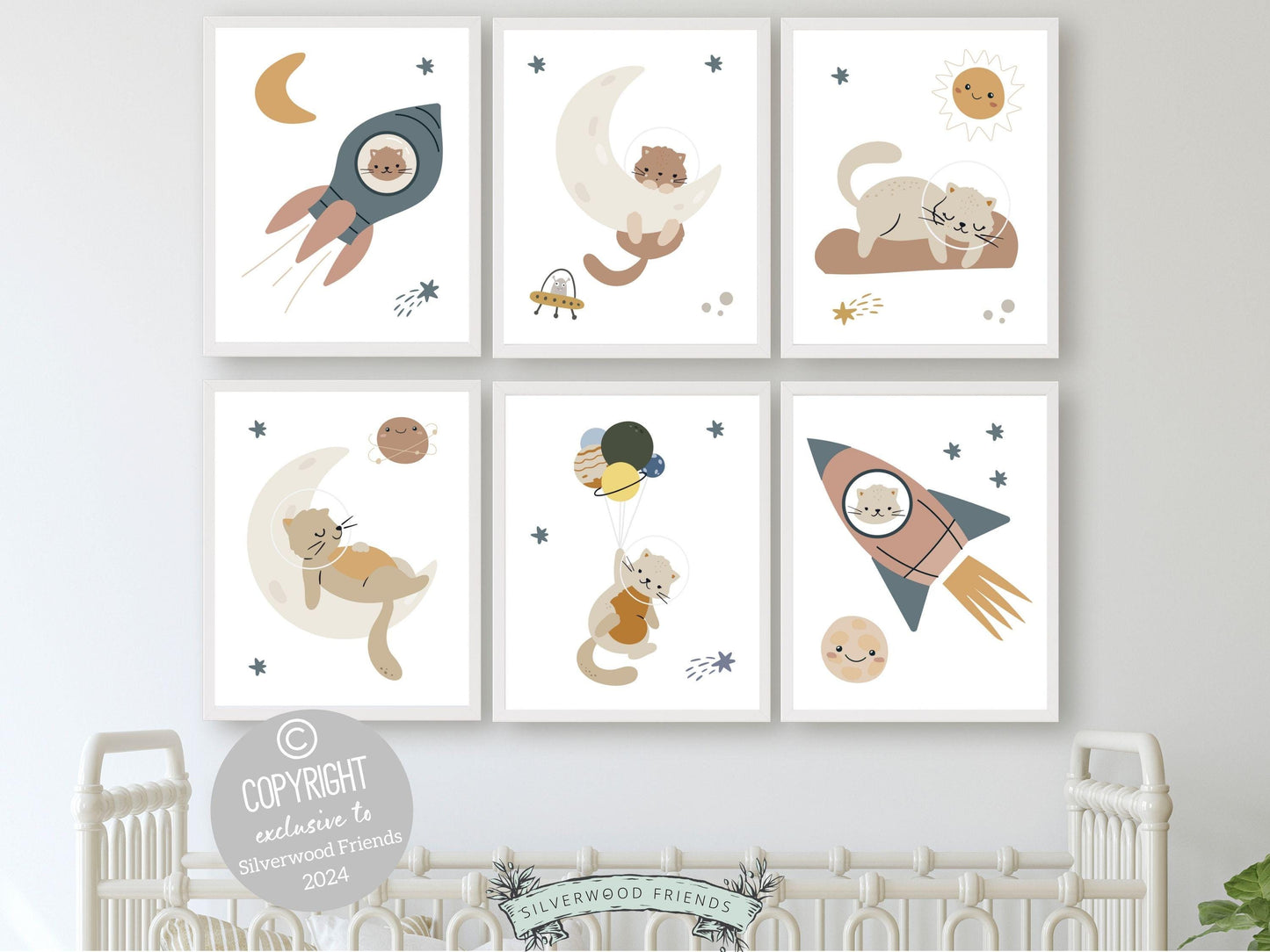 Space Nursery Prints, Space Themed Nursery Decor, Space Nursery Wall Art, Baby Girl Space Cat Nursery Print, Astronaut Animals Digital Print