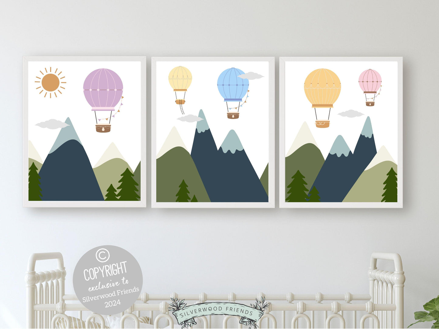 Pastel Hot Air Balloon Nursery Prints, Mountain Nursery Decor, Neutral Nursery Wall Art Transport Adventure Theme Nursery Kids Digital Print