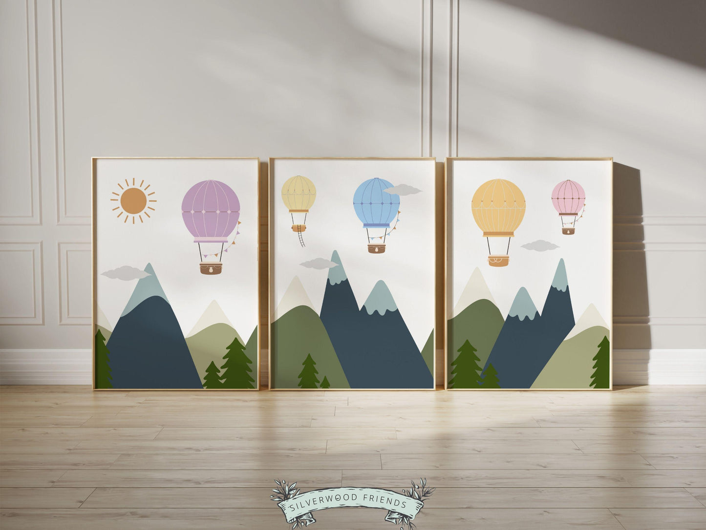 Pastel Hot Air Balloon Nursery Prints, Mountain Nursery Decor, Neutral Nursery Wall Art Transport Adventure Theme Nursery Kids Digital Print