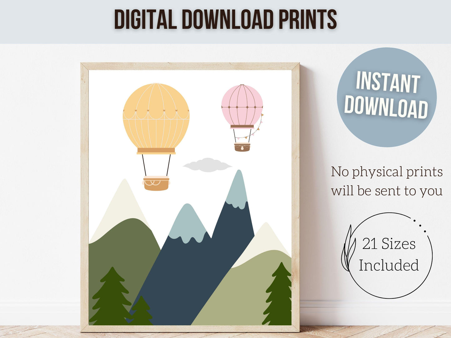 Pastel Hot Air Balloon Nursery Prints, Mountain Nursery Decor, Neutral Nursery Wall Art Transport Adventure Theme Nursery Kids Digital Print
