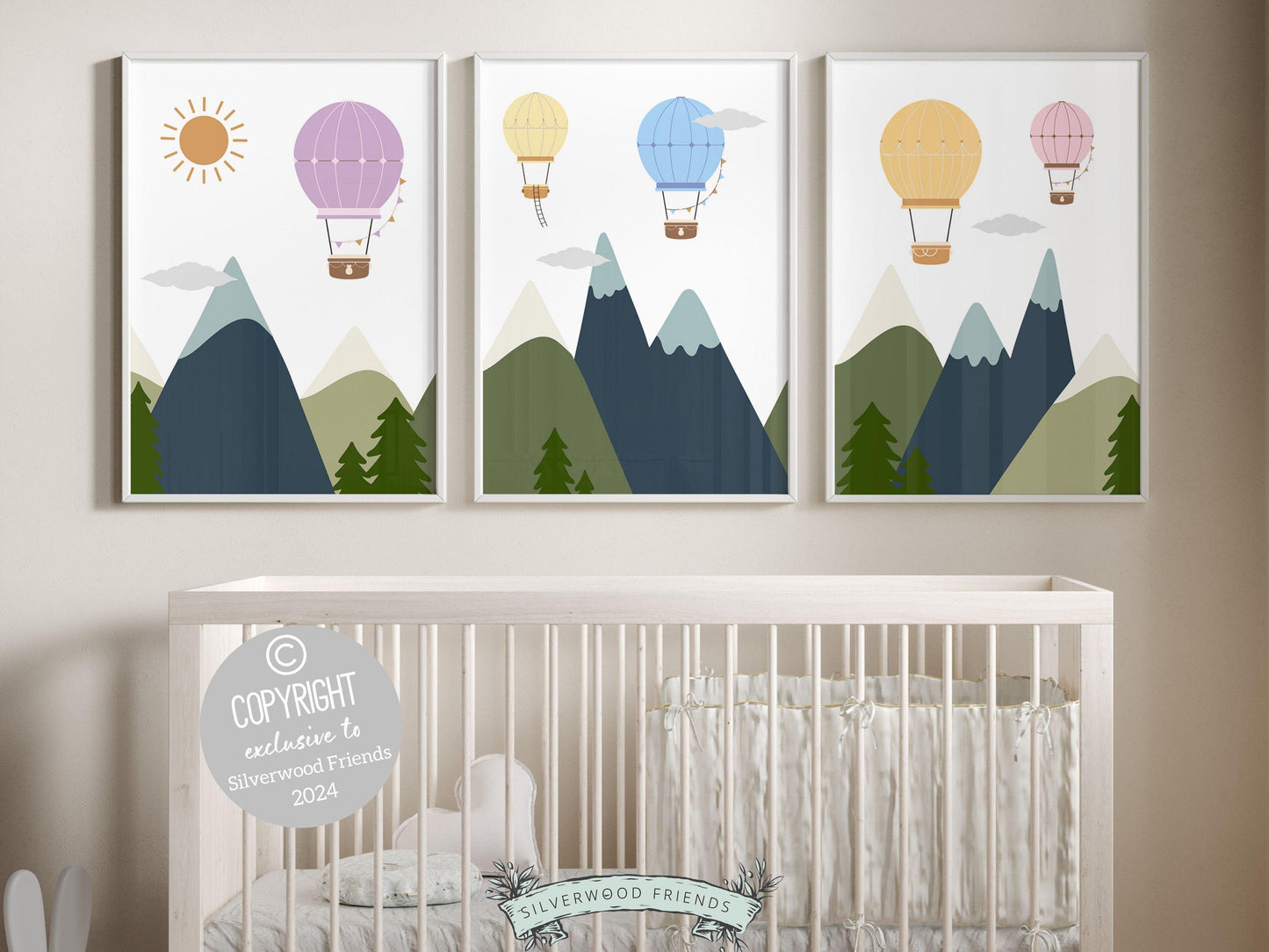 Let their imagination soar with our Hot Air Balloon Nursery Prints featuring pastel hot air balloons souring above woodland mountains. Perfect for adventure nursery decor or transport nursery and also makes a unique gender neutral baby shower gift.